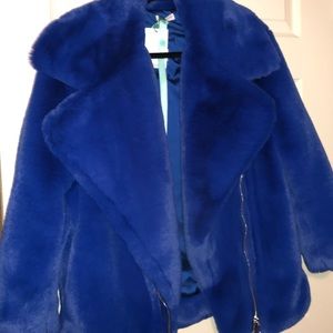 Mistress rocks blue faux fur biker jacket